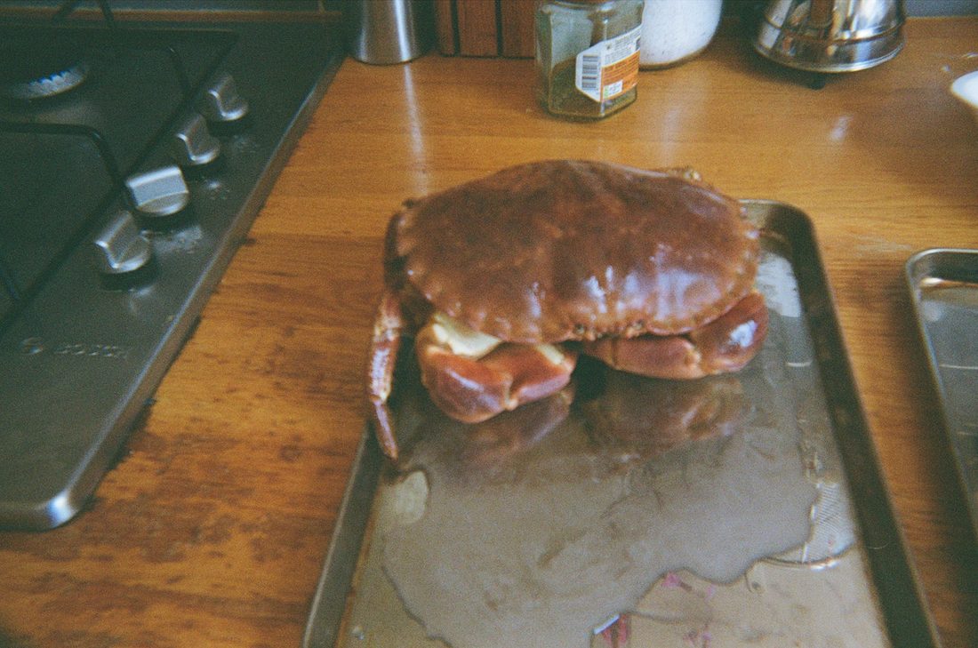 A crab on a metal tray
